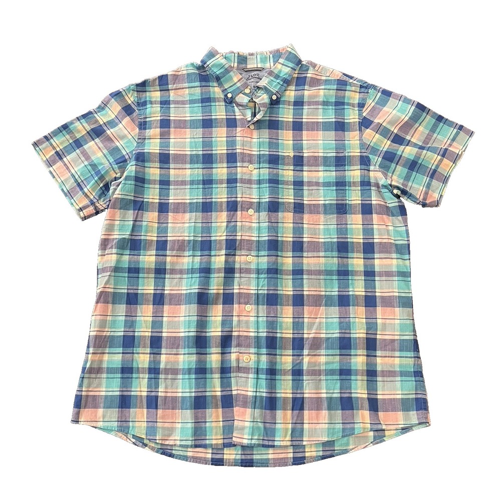 IZOD Saltwater Relaxed Classics Shirt Men's XL Plaid Blue Pink Short Sleeve